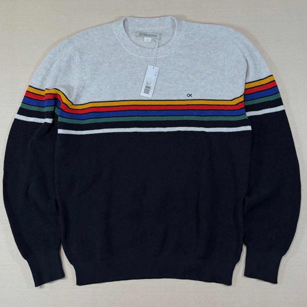 Outerknown Mens Knit Stripe Crewneck Sweater Large Navy Grey 1410039 NEW